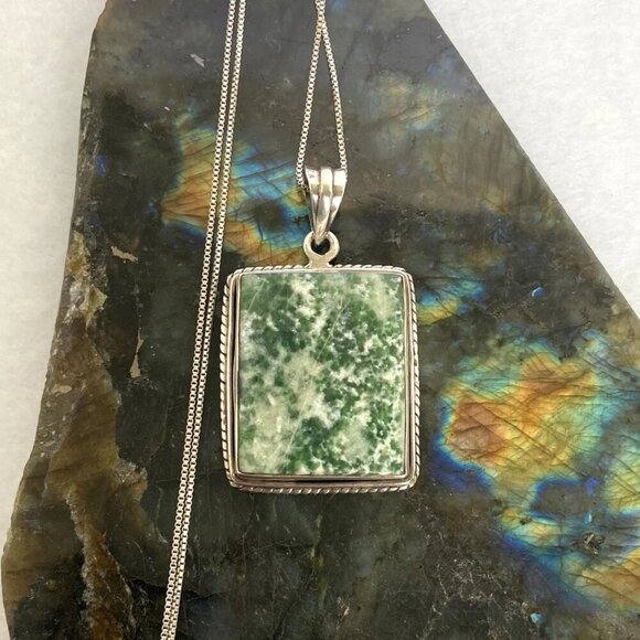 Sterling Silver 925 Bezel Set Tree Agate Rectangular Pendant Necklace 18.5" - Picture 1 of 16